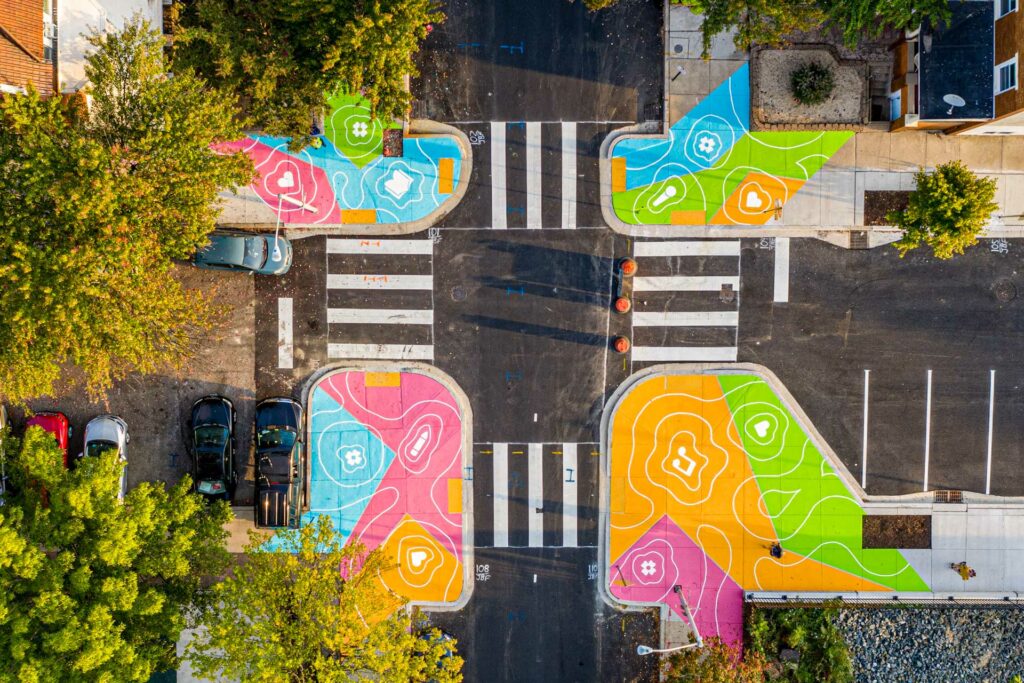 aerial overhead view of a colorful artistic intersection