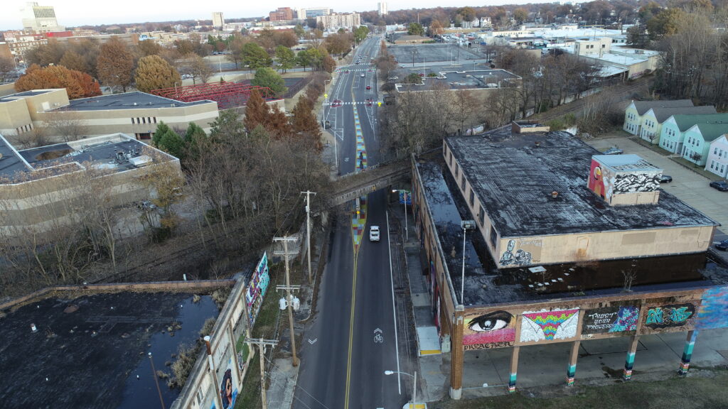aerial view of MLK Ave in Memphis with a bridge running over the street