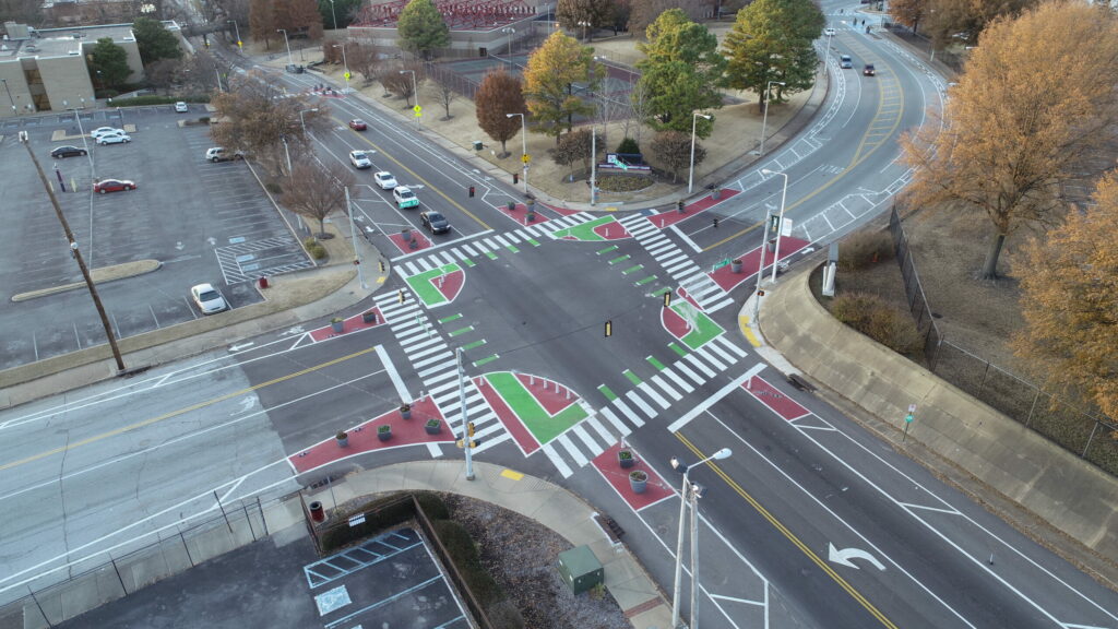 a protected intersection viewed from above on MLK ave