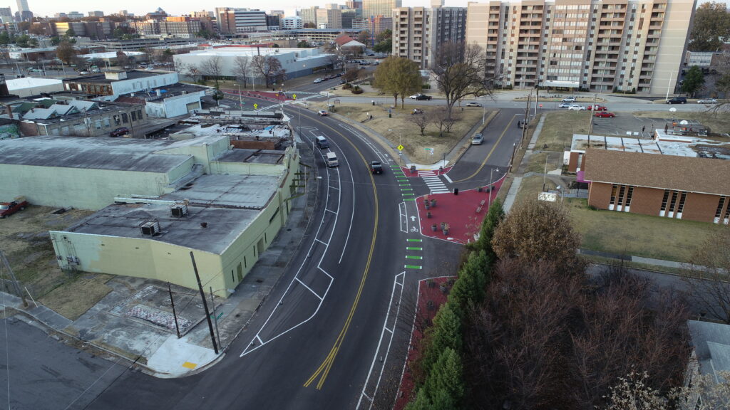 A slip lane converted into a right angle turn viewed from above on MLK in memphis