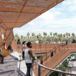 Rendering of Destination Crenshaw. People stand and sit, platform space overlooks street, horizon of palm trees is visible in the background.