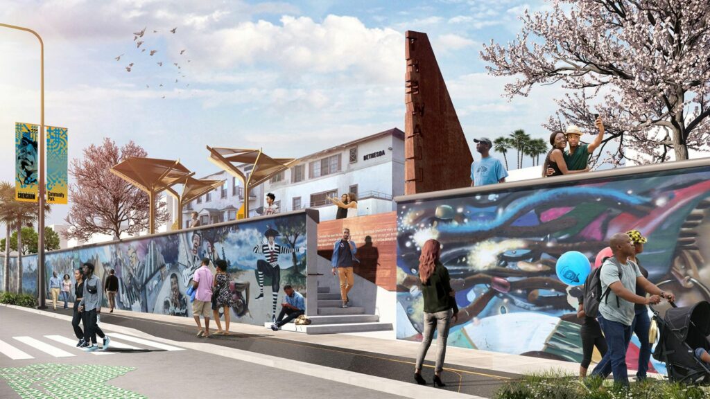 Rendering of Destination Crenshaw. In the foreground people walk along a sidewalk next to an mural. In the background are blooming trees and buildings.