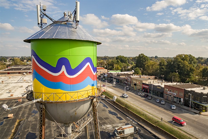 Aerial view of the Broad Avenue water tower in Memphis, Tennessee