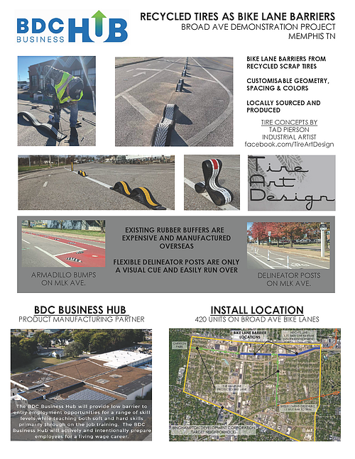 The BDC Business Hub’s proposal for the bike tire lane installations, including a map of installation plans and key project partners. The shape of the bike tires are in a half-moon shape, and are pictured lining up in a parking lot. They are compared to existing buffers for bike lanes, such as armadillo bumps and delineator posts.